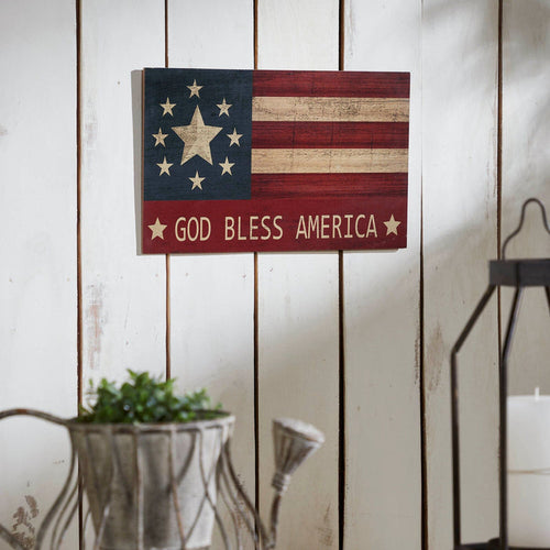 "God Bless America" Vintage Wooden Flag Sign - 10x16" - Primitive Star Quilt Shop