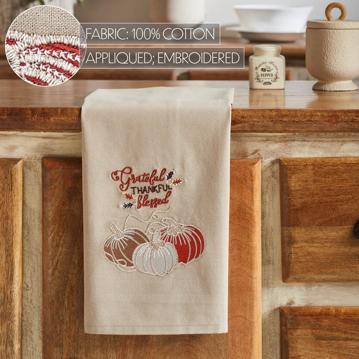 Grateful Thankful Blessed Pumpkins Tea Towel - Primitive Star Quilt Shop