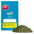 Front view of a blue packet and a loose pile of ground herb labeled Grindz - Blue Razz, the pouch shown upright with white logo and a yellow warning box.