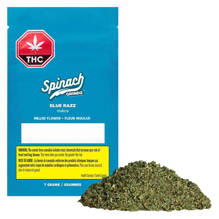 Front view of a blue packet and a loose pile of ground herb labeled Grindz - Blue Razz, the pouch shown upright with white logo and a yellow warning box.