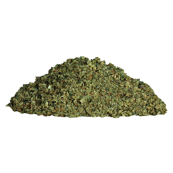 Close-up front view of a loose green herb pile labeled Grindz - Blue Razz against a white background.