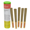 Five pre-rolls standing upright next to a green-topped tube of Common Ground Guava Haze PR 5 x 0.5 g on a white background.