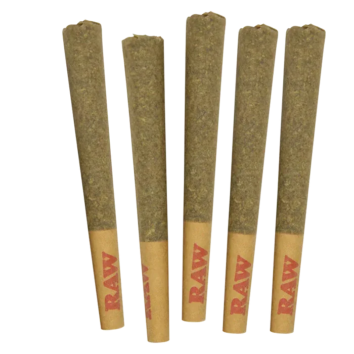 Top-down view of five RAW Guava Haze PR 5 x 0.5 g pre-rolls standing upright on a white background.
