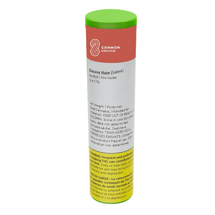 Tall front view of the Common Ground Guava Haze PR 5 x 0.5 g cylinder with a red label, green lid, and legible warning block near the base