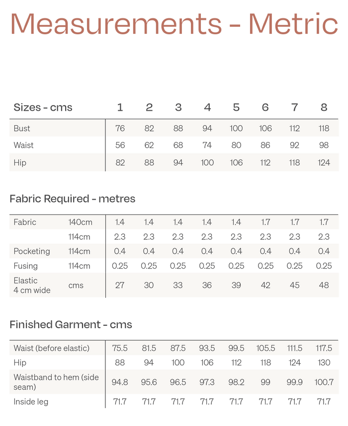 Guise Pants sewing pattern, featuring inverted pleats, zip fly, front and back pockets, and elasticated back, ideal for mid-weight woven fabrics like cotton, silk, and rayon.