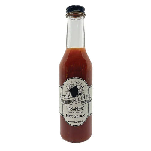 A jar of Habanero Hurricane Hot Sauce with a label that includes the brand name and product description.