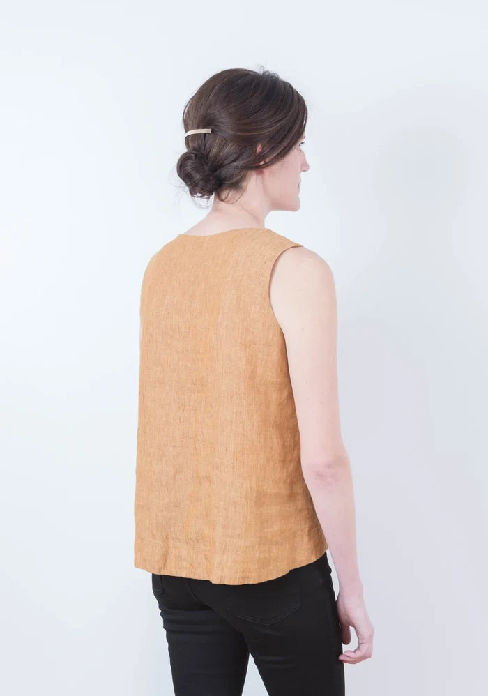 Grainline Studio Hadley Top sewing pattern featuring jewel neck with back pleat for View A, and sleeveless v-neck for View B