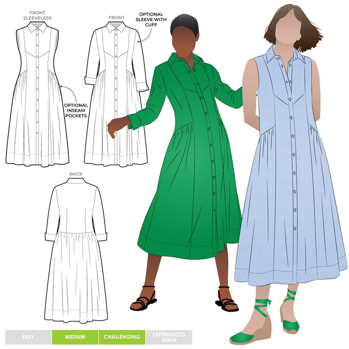 Sewing pattern illustration with two women wearing button-up dresses and line drawings of the dress design. Hampton Woven Dress Sewing Pattern – Mid-calf shirtdress with gathered skirt, curved waist, sleeve or sleeveless options, and inseam pockets.