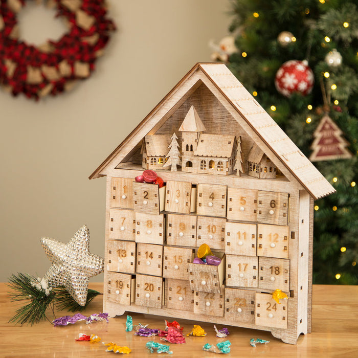 Handcrafted Wooden Christmas Countdown Advent Calendar With Drawer (Multi)