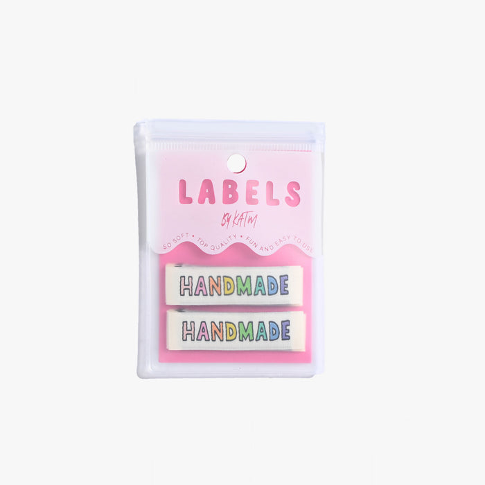 Handmade Rainbow woven KATM sewing labels for handmade clothes and DIY sewing projects