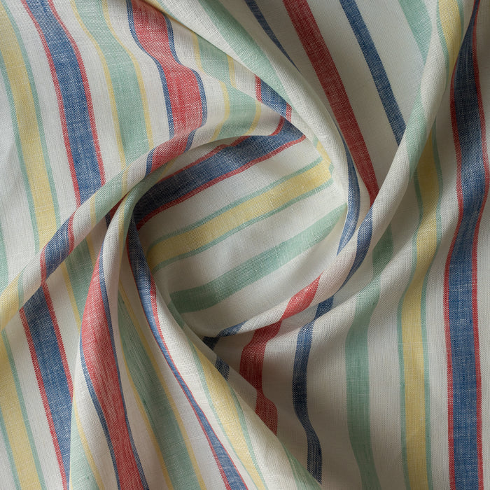 Harbour Carnival linen–cotton fabric with multi-colour yarn-dyed stripes in navy, red, yellow, aqua and green on white, 145 GSM, 44 LEA