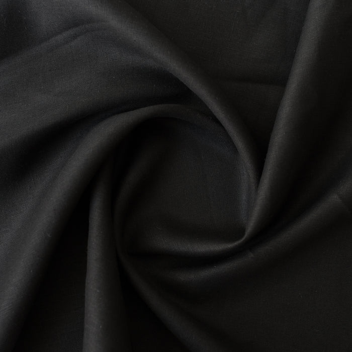 Heavy black 100% linen fabric with structured plain weave, mid-heavy weight