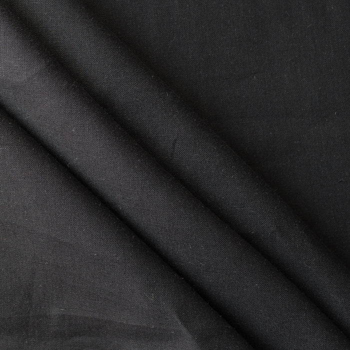 Heavy black 100% linen fabric with structured plain weave, mid-heavy weight