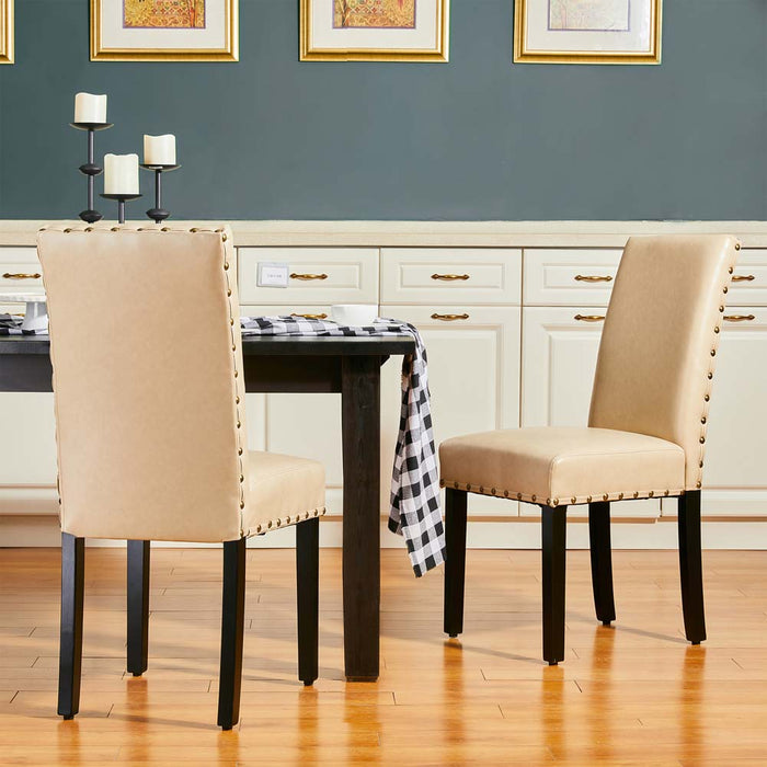 High-Back Beige PU Upholstered Dining Chair with Studded Decor, Set of 2