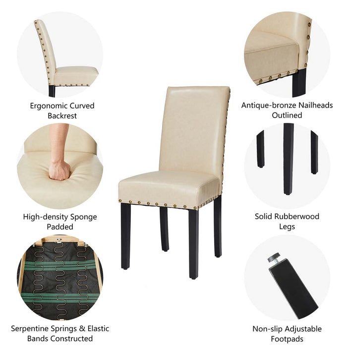 High-Back Beige PU Upholstered Dining Chair with Studded Decor, Set of 2