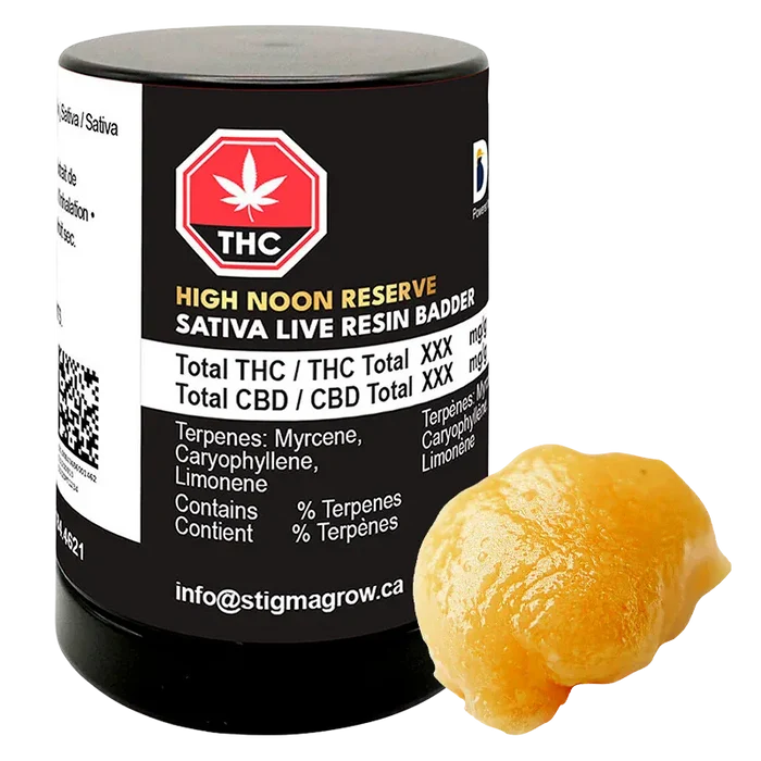 Front-lit photograph of a black jar and a dollop of golden concentrate labeled High Noon Reserve Original Z Live Resin Badder.