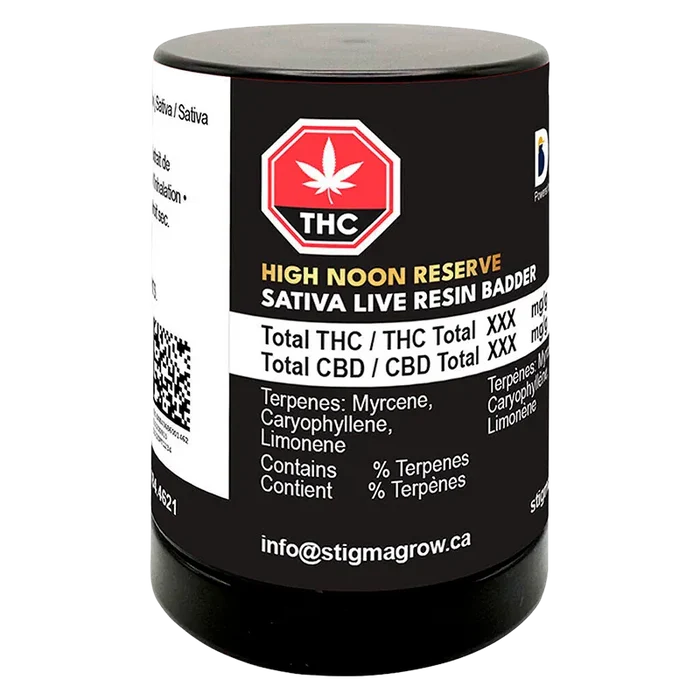 Front-facing shot of a black cylindrical jar labeled "High Noon Reserve Original Z Live Resin Badder" with a red THC stop-sign logo and white ingredient text.