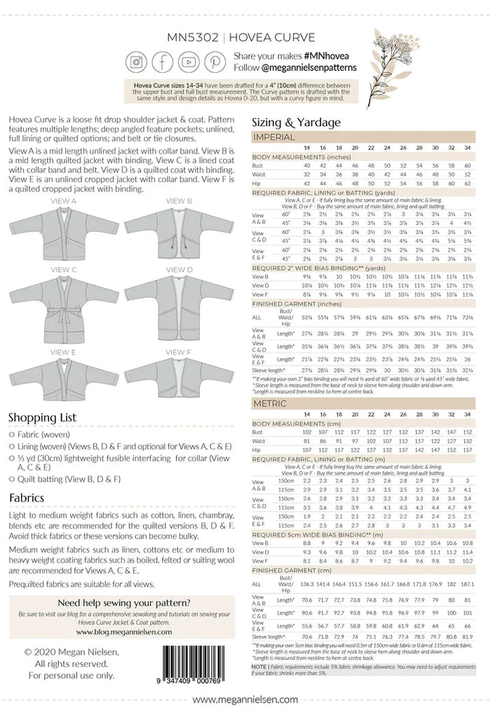 Hovea Curve multi-size sewing pattern for a loose-fit jacket & coat with multiple length options and deep angled pockets, ideal for light to medium-weight fabrics.