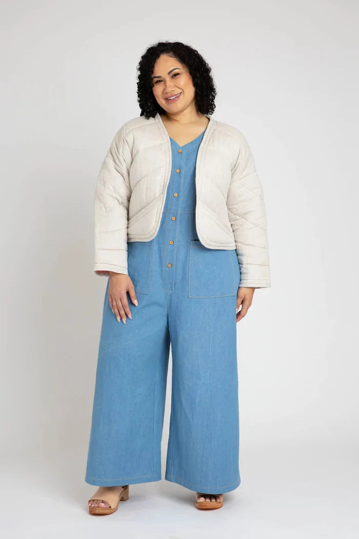Hovea Curve multi-size sewing pattern for a loose-fit jacket & coat with multiple length options and deep angled pockets, ideal for light to medium-weight fabrics.