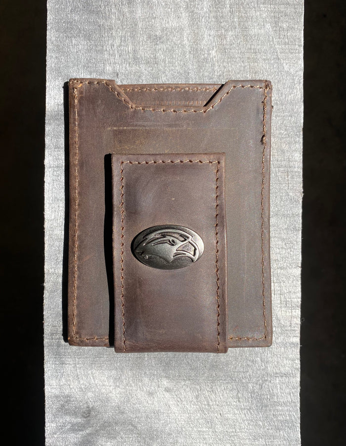Zep Pro Southern Miss Brown “Crazy Horse” Leather Front Pocket Wallet with silver Golden Eagle Head logo oval concho on bill closure tab. Front view.