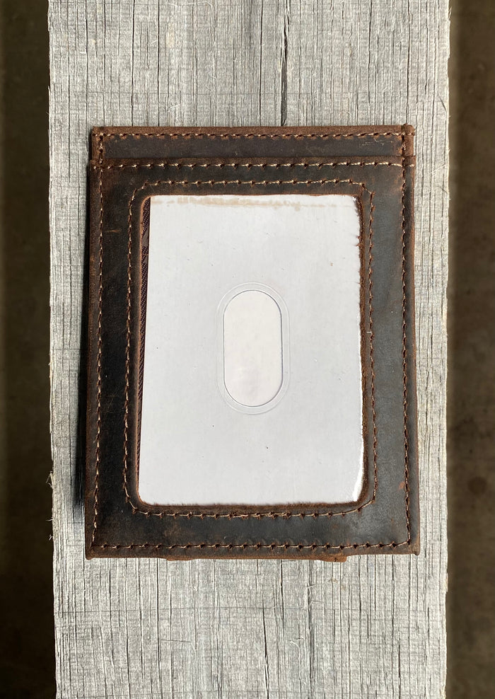 Zep Pro Southern Miss Brown “Crazy Horse” Leather Front Pocket Wallet. Back view shows clear ID window.