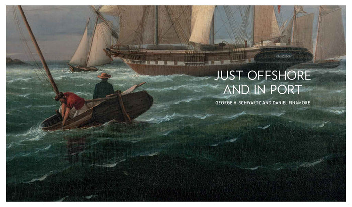 Painting of boats on choppy water with text overlaid.