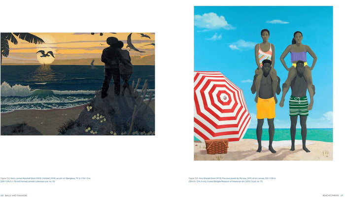 Two colorful paintings of people in a beach setting