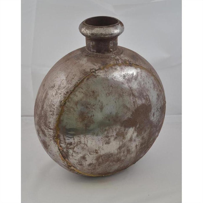 Silver metal Indian water jug with oval shape, short neck, and visible weld marks on plain background.