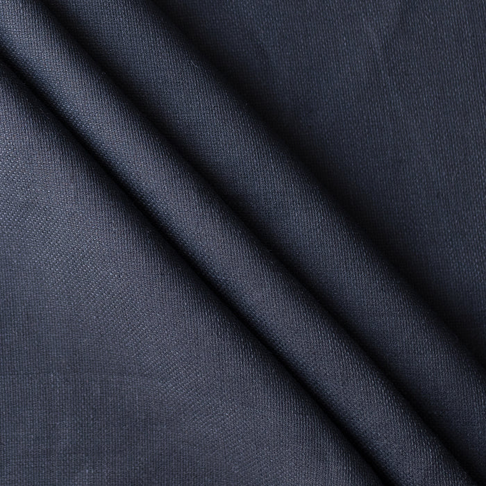 Ink navy linen fabric with visible yarn texture, slightly loose weave, suiting weight