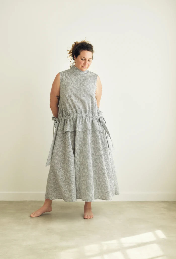 Isabel Dress PDF sewing pattern with relaxed A-line silhouette, V-shaped back neckline, high collar tie and side pockets