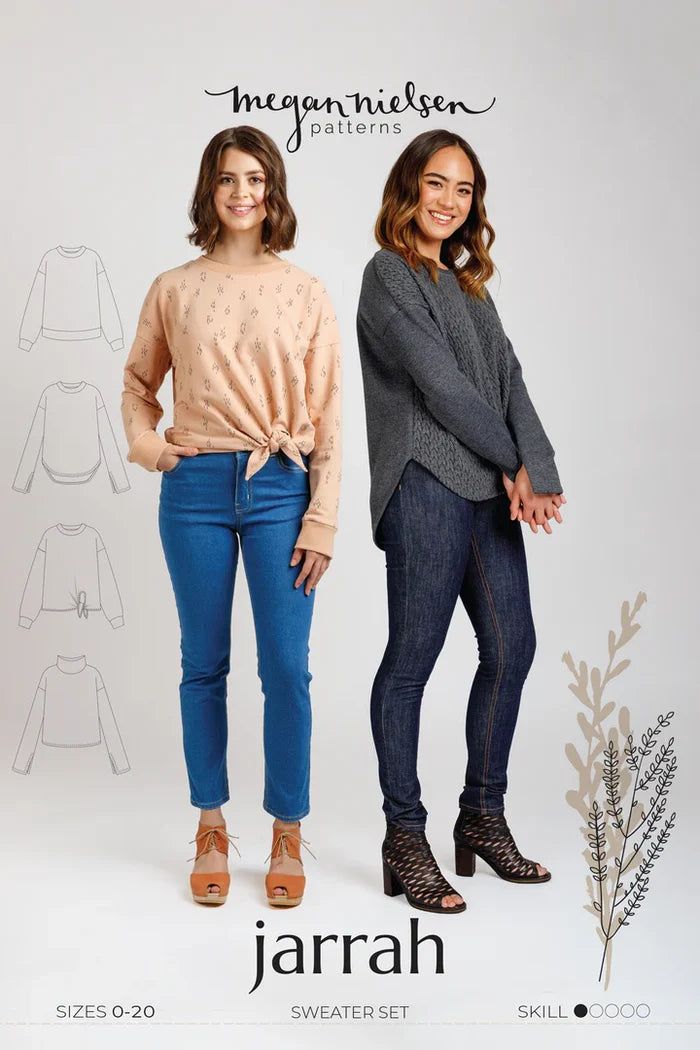 Two women wearing a Jarrah sweater set with a pattern diagram and 'Megan Nielsen Patterns' branding.