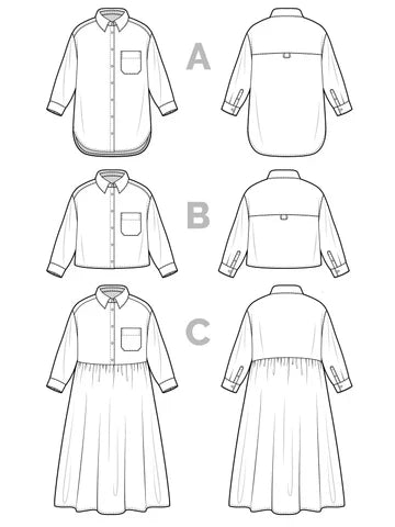 Jenna Shirt + Shirtdress Sewing Pattern – oversized button-up with drop shoulder & classic details