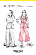Jenny Overalls and Trouser sewing pattern, featuring ultra-high rise, wide-leg design, and customizable details, suitable for bottom-weight woven fabrics like denim and linen.