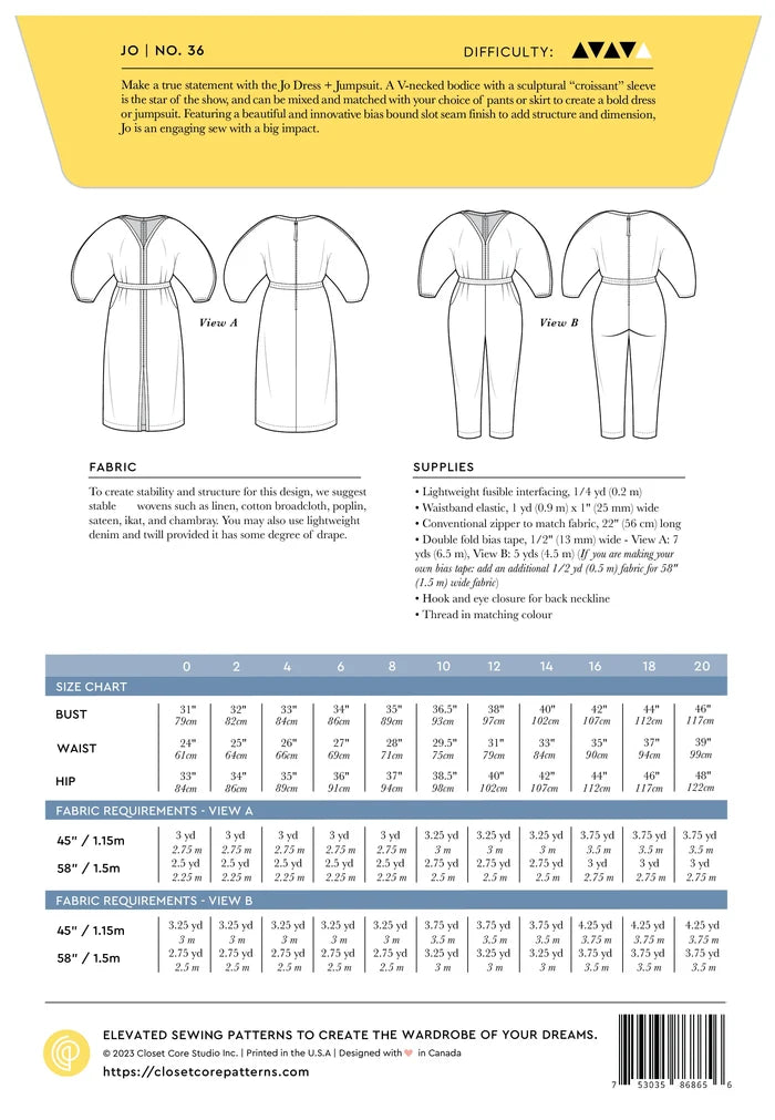 Jo Dress and Jumpsuit sewing pattern, featuring a V-neck bodice with sculptural sleeves and bias-bound slot seam finish, offering a mix-and-match design for a dramatic outfit.
