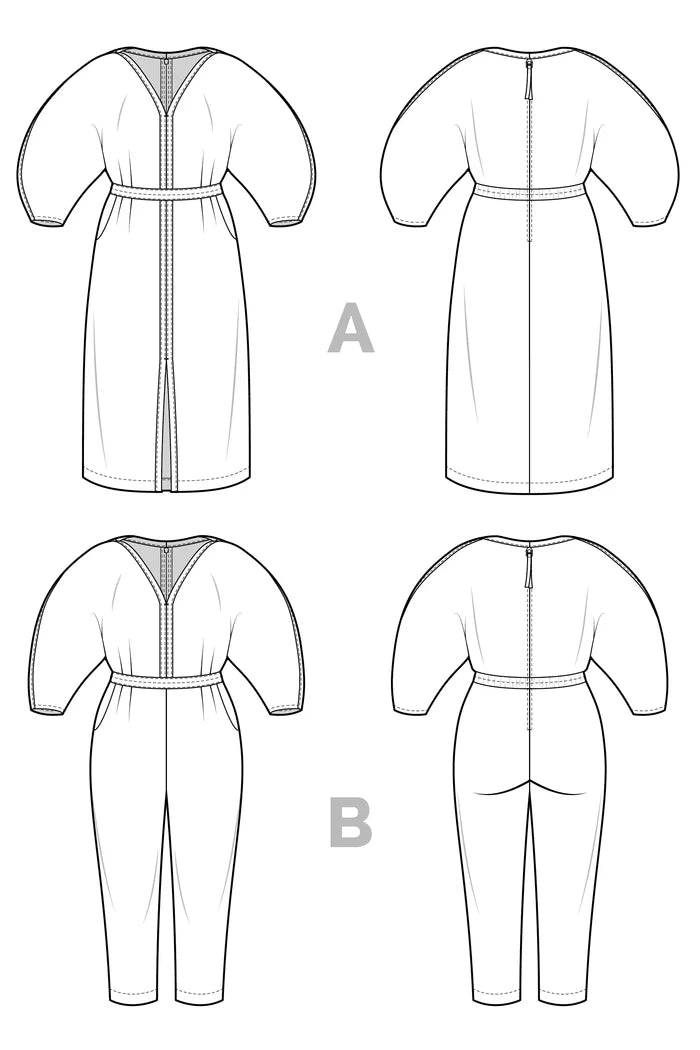 Jo Dress and Jumpsuit sewing pattern, featuring a V-neck bodice with sculptural sleeves and bias-bound slot seam finish, offering a mix-and-match design for a dramatic outfit.