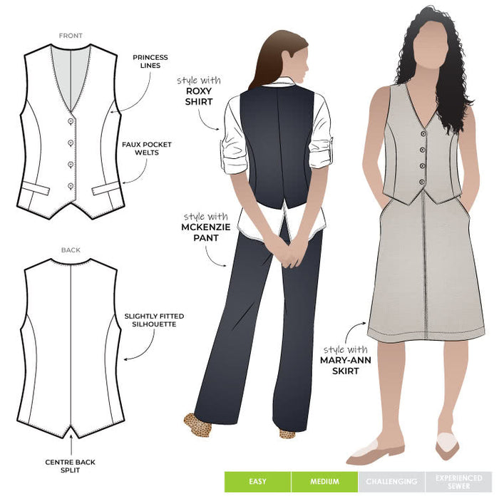 Joy Woven Vest sewing pattern featuring faux welt pockets, princess line, button opening with four buttons, cutaway at center back, easy fit, and fully lined, suitable for linen and cotton fabrics.