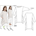 Kaye Tunic sewing pattern featuring a long-line top with symmetrical draped hemline, square armholes, and ¾ length sleeves, suitable for linen, cotton, rayon viscose, and silk fabrics.