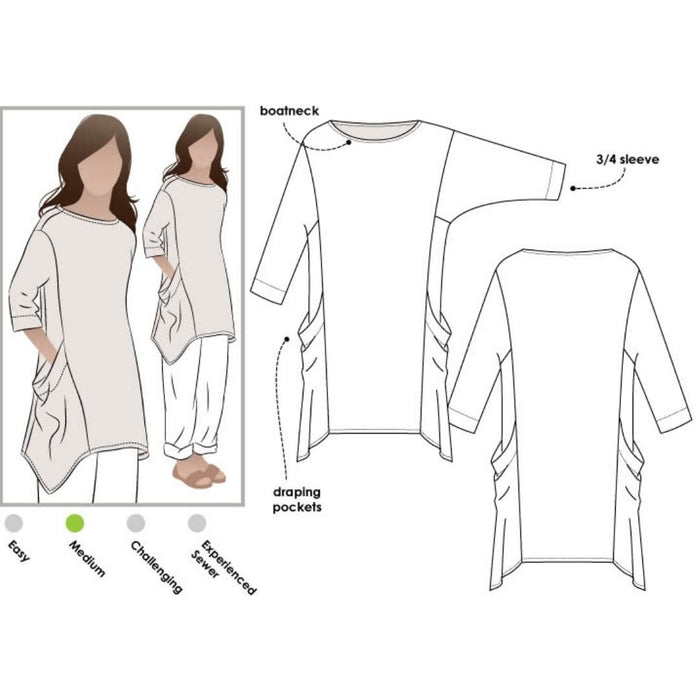 Kaye Tunic sewing pattern featuring a long-line top with symmetrical draped hemline, square armholes, and ¾ length sleeves, suitable for linen, cotton, rayon viscose, and silk fabrics.