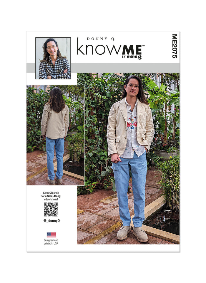 Know Me Sewing Pattern ME2075 by Donny Q for men’s tailored jacket with notched collar and fitted pants with waistband and fly zipper
