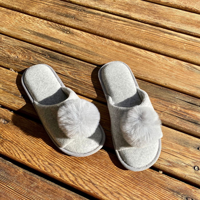 Ladies Open Toe Slippers with Fluffy Pom Pom