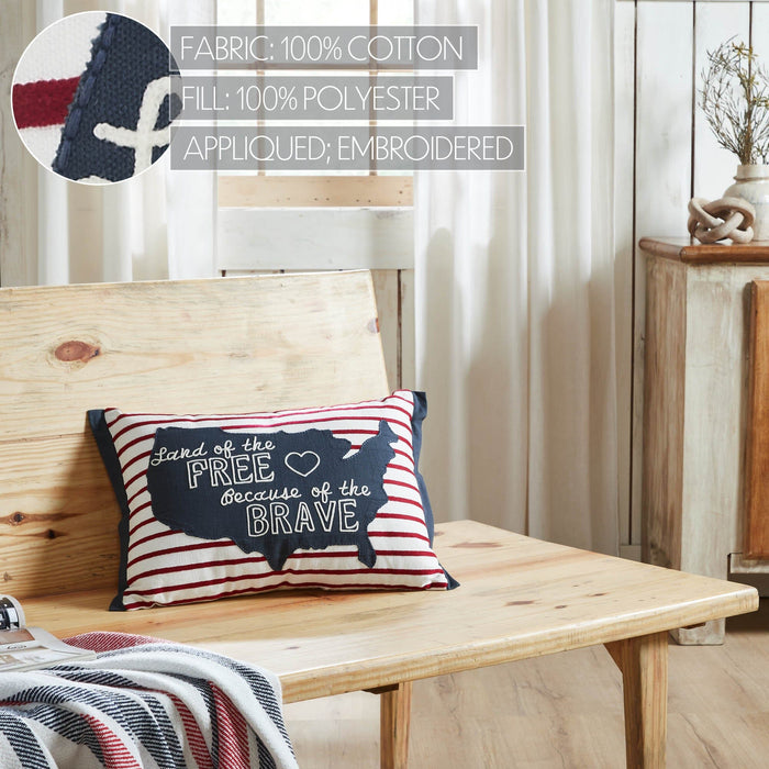 "Land of the Free" America Red Striped Pillow - 14x20" - Primitive Star Quilt Shop