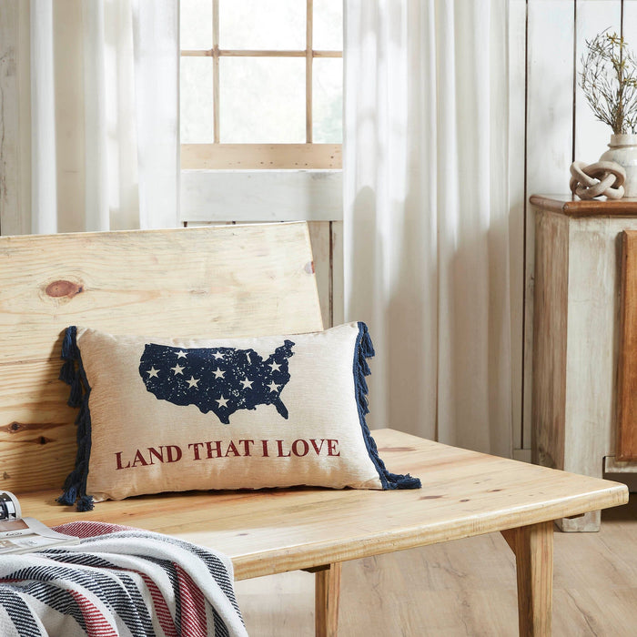 "Land That I Love" America Pillow with Tassels - 14x22" - Primitive Star Quilt Shop