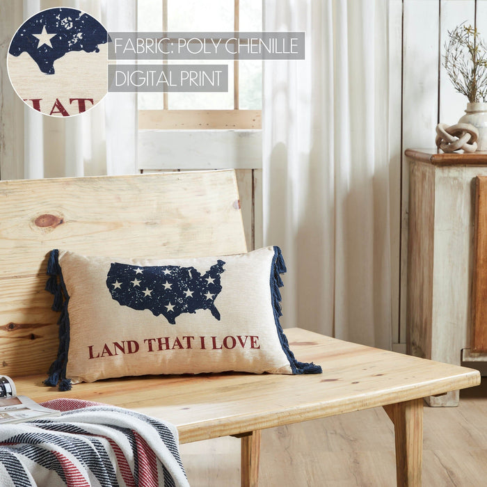 "Land That I Love" America Pillow with Tassels - 14x22" - Primitive Star Quilt Shop