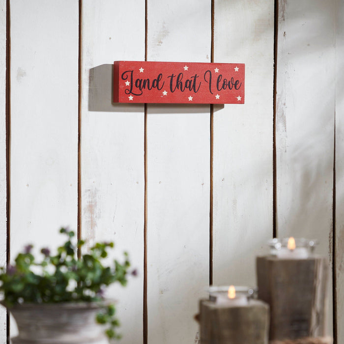 "Land that I Love" Red Sign with Stars - 3x10" - Primitive Star Quilt Shop
