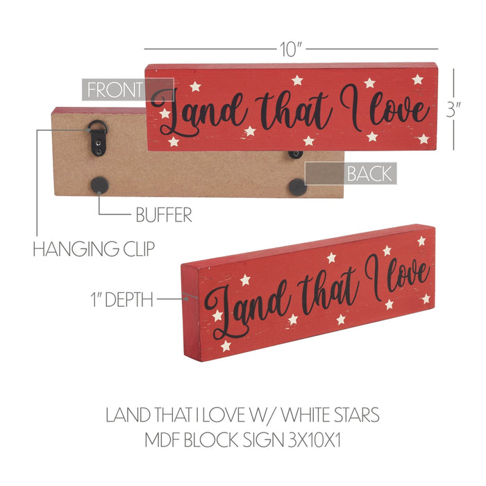 "Land that I Love" Red Sign with Stars - 3x10" - Primitive Star Quilt Shop