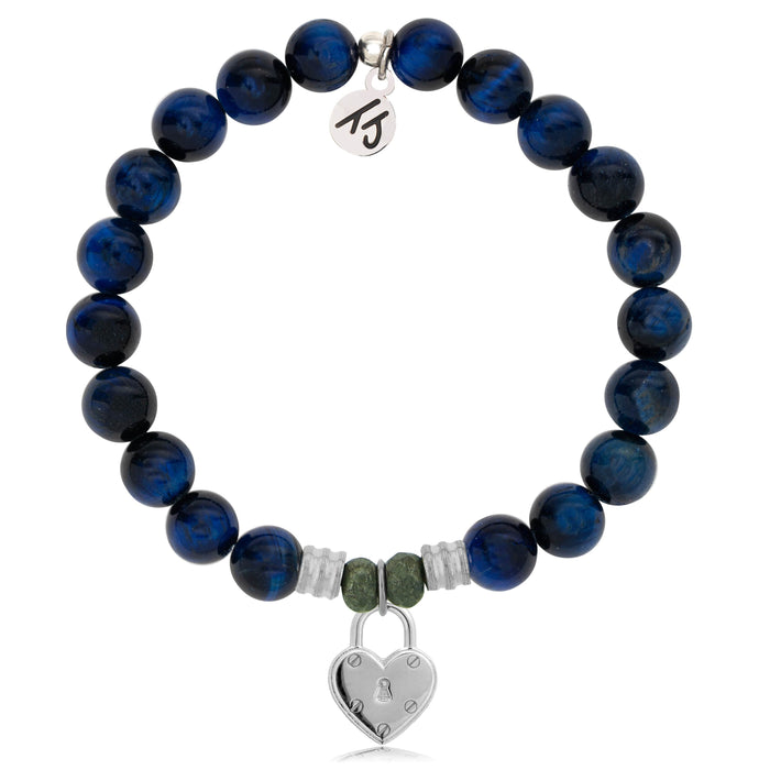 Lapis Tiger's Eye Stone Bracelet with Love Lock Sterling Silver Charm