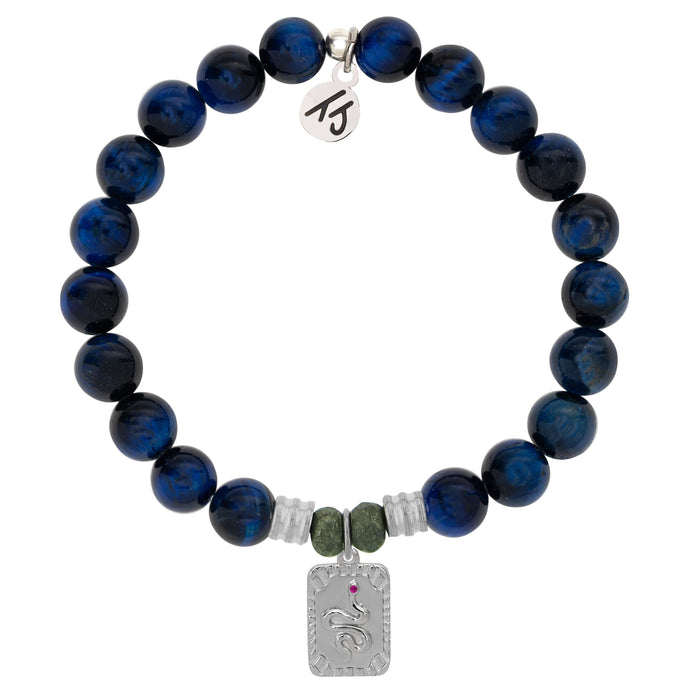 Lapis Tiger's Eye Stone Bracelet with Snake Sterling Silver Charm