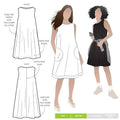 Lena Shift Dress sewing pattern, featuring a sleeveless “A” line boat neck design with a tent shape, calf length, and large inseam pockets, suitable for linen, cotton, and crepe fabrics.