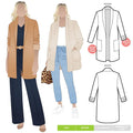 Loren Jacket sewing pattern, featuring an essential three-quarter length design with a slim shawl collar and optional pockets, suitable for wool, linen, ponte, crepe, faux fur, sweater knit, or lurex fabrics.