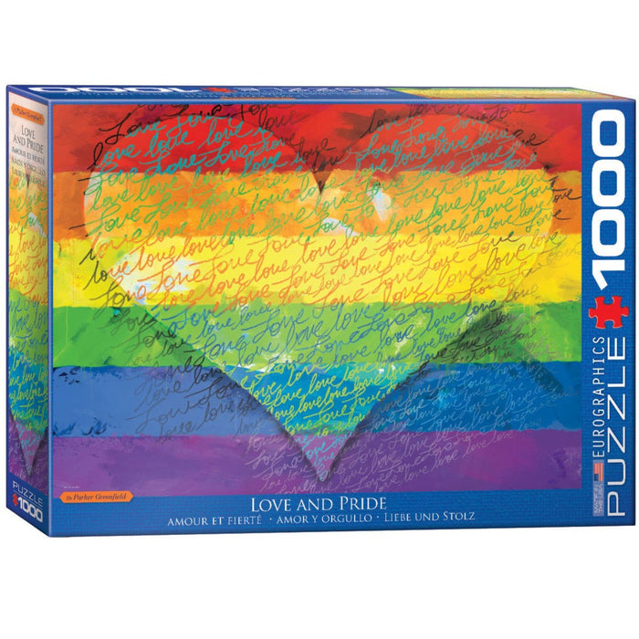 A puzzle box with a multicolored heart and rainbow design, titled 'Love & Pride', indicating it is a 1000 piece puzzle.